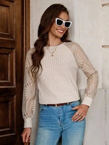 SHEIN Clasi 女士毛绒拼布向日葵蕾丝 T 恤 - 杏色 - 查看 6