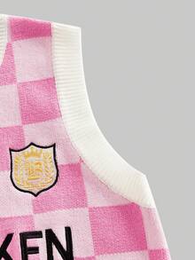 ROMWE MEN 复古棋盘格刺绣图案针织宽松背心 - 粉色 - 查看 4