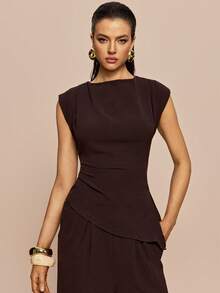 Olia Maree Olia Maree 2件套 女士纯色纹理褶皱圆领无袖上衣 - 棕色 - 查看 8