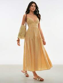 Poéselle Women's Boho Multicolor Plaid Flared Cami Dress,Spaghetti Strap Zipper Woven Picnic Sun Dresses For Woman,Beige,Summer,Holiday,Vacation,Holiday - Multicolor - View 5