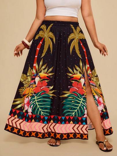 Travachic Plus Size Tropical Print High Slit Casual Skirt