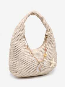 ROMWE Fairycore 女士花卉沙滩草编斜挎包，贝壳装饰，休闲大容量单肩包，适合旅行和购物 - 淺米色 - 查看 2