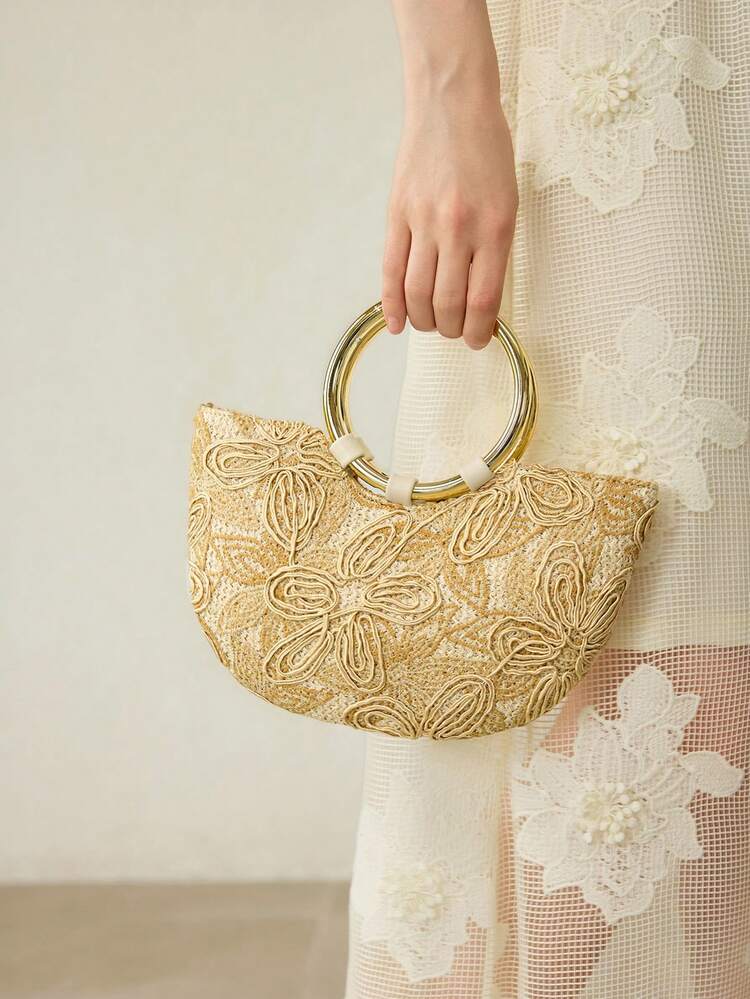 LADIES HANDBAG, DELICATE FLOWER TEXTURED VACATION SEMICIRCLE BAG