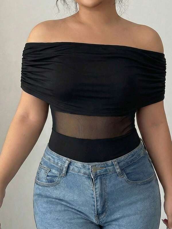 Elenzga 大码女式休闲优雅通勤性感网纱拼接露肩连体衣，适合春夏日常穿着和约会