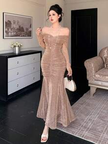 DAZY 优雅纯色露肩褶皱中长连衣裙，适合春夏穿着 - 杏色 - 查看 6