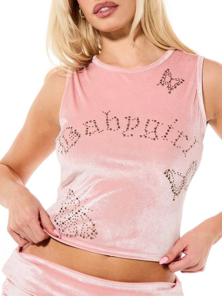 SUMWON WOMEN Women's Pink Velour Tank Top With Rhinestone Text And Side Tie Details For Summer Casual Wear