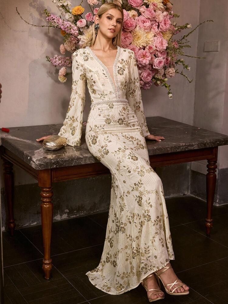 MOTF Soiréza ELEGANT SEQUINS BEADED BELL SLEEVE MERMAID HEM COCKTAIL DRESS, SPRING/SUMMER