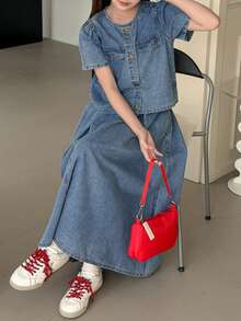 Hapijoa Bộ áo tay phồng cài cúc và chân váy denim cho bé gái tuổi teen - Màu xanh lam - Xem 7