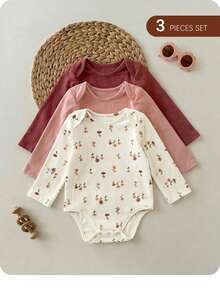 Baby Girls Cute Multicolor Cotton Blends Bodysuits 3-Pack With Long Regular Sleeves And Round Neckline Full Plant Print Fitted Style - Multicolor - View 1