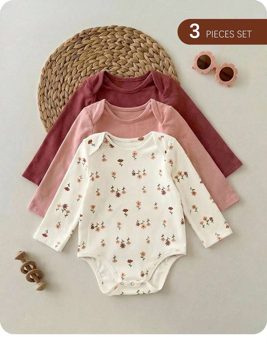 Baby Girls Cute Multicolor Cotton Blends Bodysuits 3-Pack With Long Regular Sleeves And Round Neckline Full Plant Print Fitted Style - Multicolor - View 1