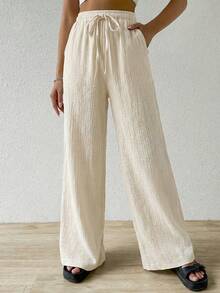 SHEIN EZwear 卡其色棉质宽松纹理褶皱抽绳腰裤 - 卡其色 - 查看 3