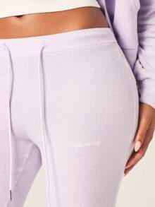 MISSGUIDED 女士薰衣草色毛巾布喇叭裤高腰柔软抓绒阔腿慢跑裤舒适休闲抽绳腰宽松阔腿裤 - 紫色 - 查看 4