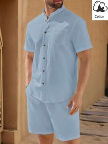 Manfinity VCAY Men's Solid Color Mandarin Collar Short Sleeve Button Front Shirt And Shorts Set, Casual Daily Outfit,Summer Vacation Beach Wear Boyfriend Gift - Blue - View 1