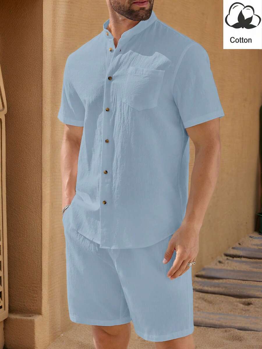 Manfinity VCAY Men's Solid Color Mandarin Collar Short Sleeve Button Front Shirt And Shorts Set, Casual Daily Outfit,Summer Vacation Beach Wear Boyfriend Gift - Blue - View 1