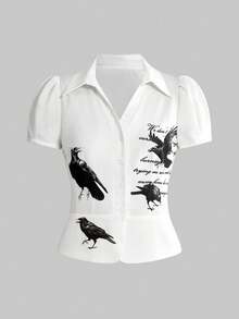 ROMWE Gothic Lolita Crow Print Puff Sleeve Fitted Women Shirt - White - View 1