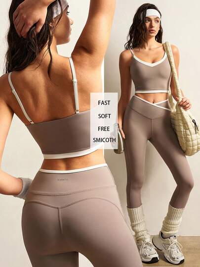 VARSIVA Conjunto deportivo de top corto de tirantes de color contrastante y leggings con cintura asimétrica para mujer