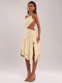 SHEIN BAE 女士纯色度假不对称露肩露背不对称下摆中长连衣裙，适合海滩度假、邮轮旅行，优雅性感纯色连衣裙，黄色连衣裙，鸡尾酒会礼服，正式舞会，派对 - 淡黃色 - 查看 3