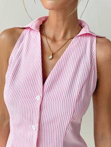 Ritzy Row Women's Pink And White Striped Sleeveless Vest,Summer Smart Casual Office Top For Brunch,Business,Commuting,Music Festivals & Airport Travel - Pink - View 4