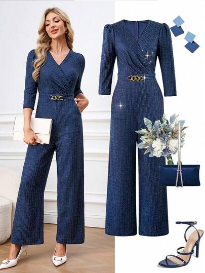 Ellevyn Women's V-Neck Pleated 3/4 Sleeve Knit Elastic Waist Slim Straight Leg Pants With Metal Chain Decor, Elegant For Daily Wear And Commuting, Autumn/Winter