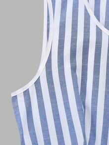 GlowEve 女士棉麻蓝白条纹拼接镂空蕾丝边A字中长连衣裙，魅力优雅日常通勤度假时尚约会法式街头复古百搭春夏蓝白新款无袖衬衫裙 - 彩色 - 查看 4