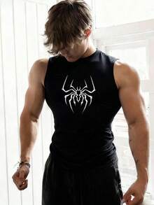 Manfinity Sport PWRUP 男士蜘蛛印花修身运动背心 - 黑色 - 查看 3