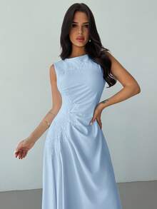 Firerie Đầm dạ hội/đầm dự tiệc cưới thanh lịch tối giản mới dành cho nữ, màu trắng không tay, cổ tròn, xếp ly, thêu họa tiết, dáng maxi bất đối xứng, chất liệu dệt kim, thích hợp cho mùa hè. - Màu xanh nhạt - Xem 7