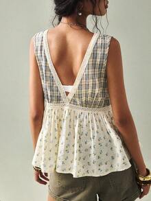 SoleilVie 女士V领花卉蕾丝拼接露背系带复古优雅波西米亚风拼接上衣，波西米亚风印花上衣，格子上衣，夏季休闲波西米亚格子拼接花卉无袖V领衬衫，采用后背系带设计，拼接蕾丝饰边和格子纹理面料，蓝色花卉上衣，度假女装，外出上衣，沙滩春季女装，波西米亚风女装，Free People Anthropologie - 杏色 - 查看 3