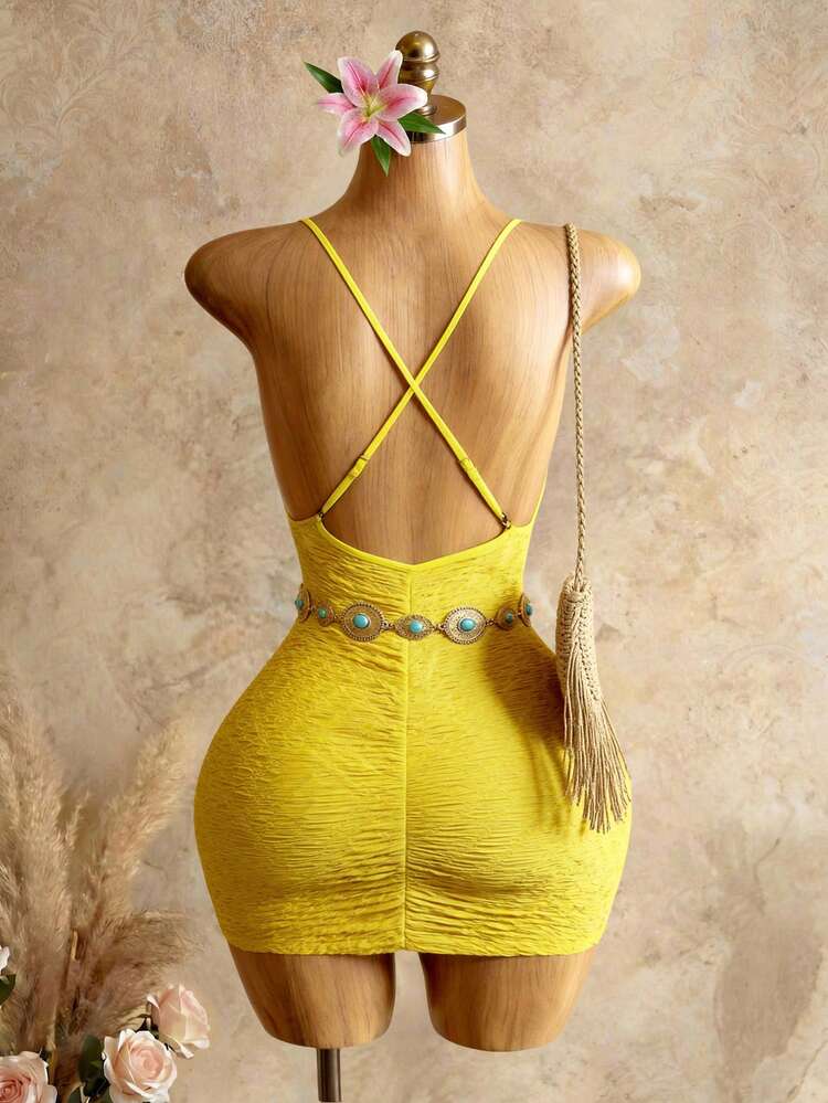Bellisia Women's Sexy Backless Crisscross Strap Bodycon Dress, Solid Color  Textured Fabric, Bohemian Resort Style, Summer Summer , Summer Dress ,  Summer Dresses For Women , Summer Dresses , Summer Outfits ,