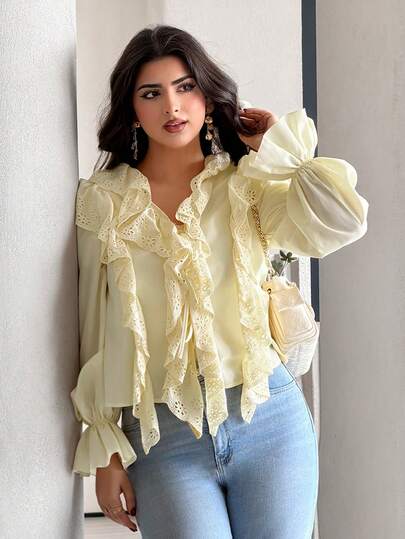 Feyla Creamy Yellow Top ,Buttercream Eyelet Ruffle Blouse - Victorian‑Style Tie‑Front Romantic Top For Brunch & Wedding,Women's Elegant Chiffon Ruffle Trim Petal Sleeve Blouse, Suitable For Spring And Autumn