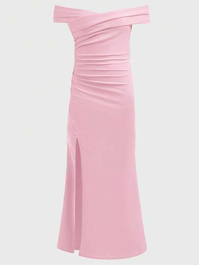 Girlism Tween Girl Off Shoulder Ruched Elegant Side Slit Fishtail Hem Dress Tube Top Dress Wedding Guest Dress Women Dress Pink Rose Dress Asymmetrical Dress