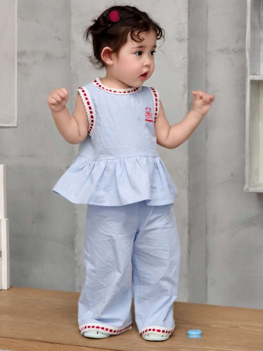 Dazy Kids Bộ 2 món áo và quần không tay cổ tròn kiểu Hàn Quốc viền bèo cho bé gái sơ sinh/trẻ nhỏ - Màu xanh lam - Xem 1