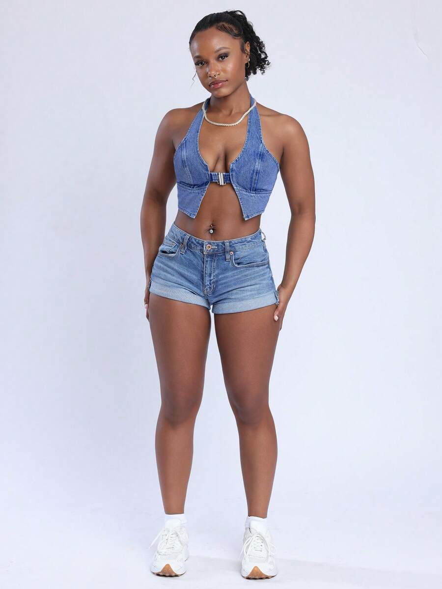 Steph T 女士牛仔露背領結上衣 - 中等水洗藍 - 查看 1