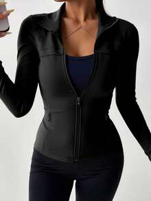 DAZY Sports Running Yoga Fitted Long Sleeve Jacket - Black - View 4