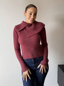 Mélanie ORL 女士酒红色高领长袖修身毛衣，秋冬季 - 酒紅色 - 查看 6