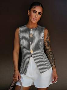 SAYEHFBABY 女式夏季休闲通勤条纹前扣背心 - 黑與白 - 查看 1