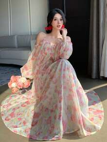 DAZY 女士吊带露肩灯笼袖印花连衣裙，夏季 - 粉色 - 查看 4