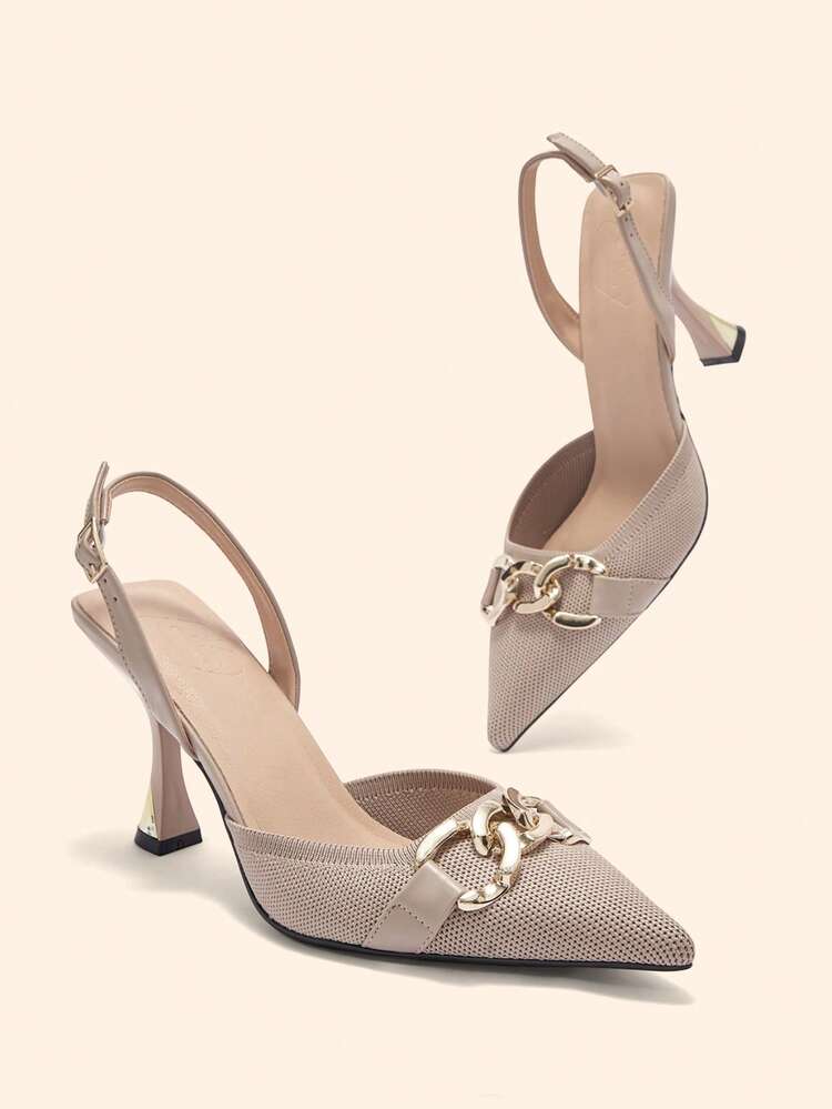 CUCCOO BASICS Ladies Metal Chain Decorative Pointed Back Lift Buckle Wine Glass Heels High Heels Popular Fashion Elegant Banquet Prom Party Outdoor Comfortable Shopping Dating Daily Commuter Birthday Gift Wedding Shoes Four Seasons Nude Fabric High Heels Shoes