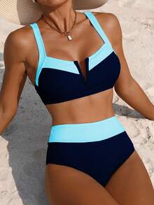 Swim Lushoire 女士夏季沙滩休闲度假罗纹V领黑白拼接比基尼套装 - 藏蓝色 - 查看 1