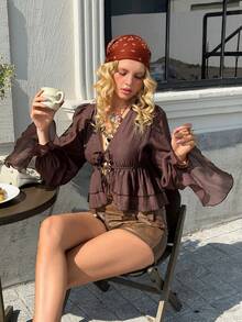 DAZY 女士酒红色荷叶边系带沙滩度假上衣，夏季 - 酒紅色 - 查看 5