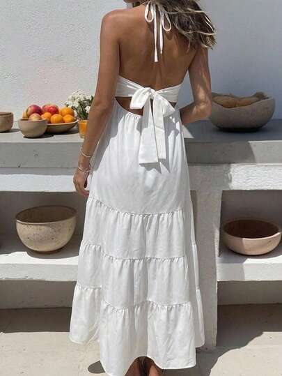 Aloruh 女士夏季新款纯白色大裙摆褶皱雪纺连衣裙，露背吊带连衣裙，适合度假、婚礼、节日穿着