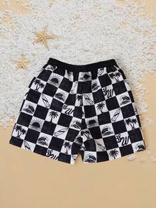 SUMWON 男童冲浪格纹泳裤，热带海滩图案，夏季泳裤，棕榈树波浪冲浪板设计 - 彩色 - 查看 2