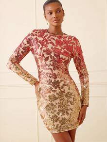 Lilora Women's Red And Golden Sequin Embroidered Long-Sleeved Round-Neck Mini Dress,Beige,Autumn,Elegant,Birthday Party,Wedding Guest, Prom Party Gown - Multicolor - View 2