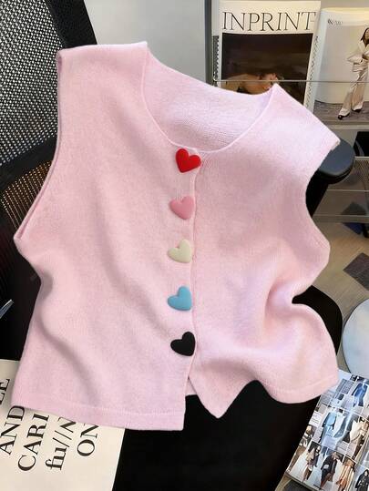 INAWLY Plus Size Women Casual Vacation Heart Button Sleeveless Sweater Vest