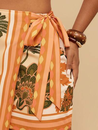 Travachic Plus Size Women's Floral Print Wrap Tie Bow Wrap Asymmetrical Skirt Beach Resort Wear Ibiza Boho