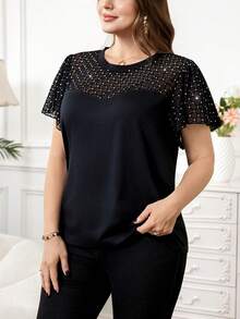 SHEIN Clasi Áo ngắn tay phối ren mùa hè dành cho nữ cỡ lớn, áo đi chơi, áo công sở thường ngày. - màu đen - Xem 6