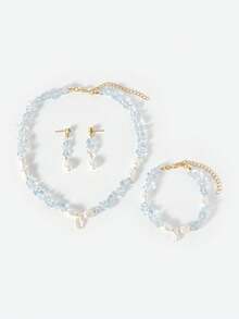 Opalesca 1pc European And American Fashion Icy Blue Asymmetrical Stone & Freshwater Pearl Necklace, Beach Style Bracelet, Faux Earrings, Delicate Choker - Multicolor - View 2