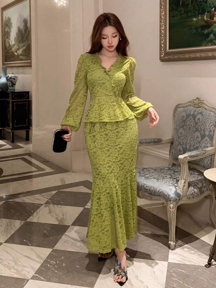 Women's Elegant Textured Fitted Top And Long Skirt 2 Pieces Set, Spring/Summer