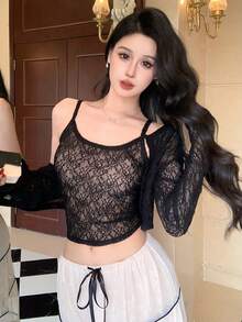 DAZY 春夏花卉镂空蕾丝系带开衫短款上衣，优雅适合情人节、婚礼、派对、正式场合，时尚修身透视网纱长袖开衫和吊带背心两件套，女士 - 黑色 - 查看 9