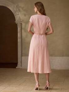 MOTF PREMIUM WOMEN'S 100% LINEN ROUND NECK SHORT SLEEVE MIDI CASUAL/DATE DRESS, SPRING/SUMMER - Pink - View 3