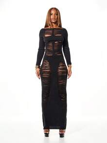 SUMWON WOMEN Distressed Knitted Maxi Dress Long Sleeve Open Back Bodycon Evening Dress With Cut Out Details And Cross Embellishment For Party Occasions - Black - View 5